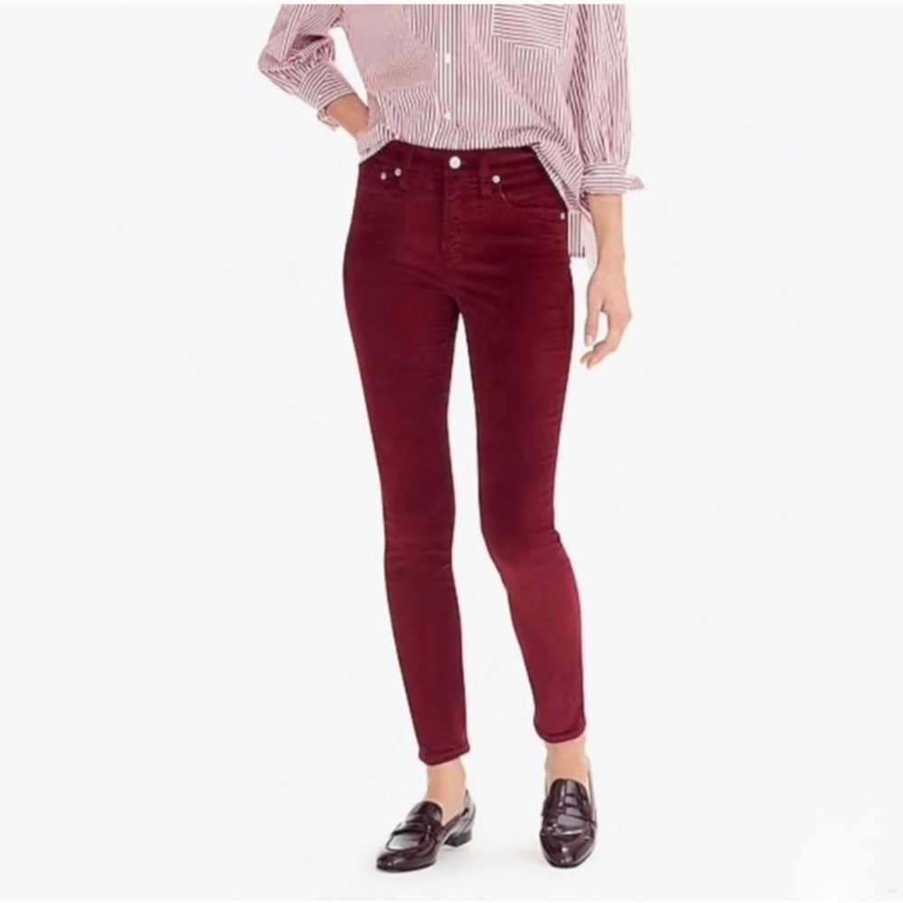 J. Crew Jeans 9" High-Rise Toothpick Luxe Velvet Pants, Burgundy - 32